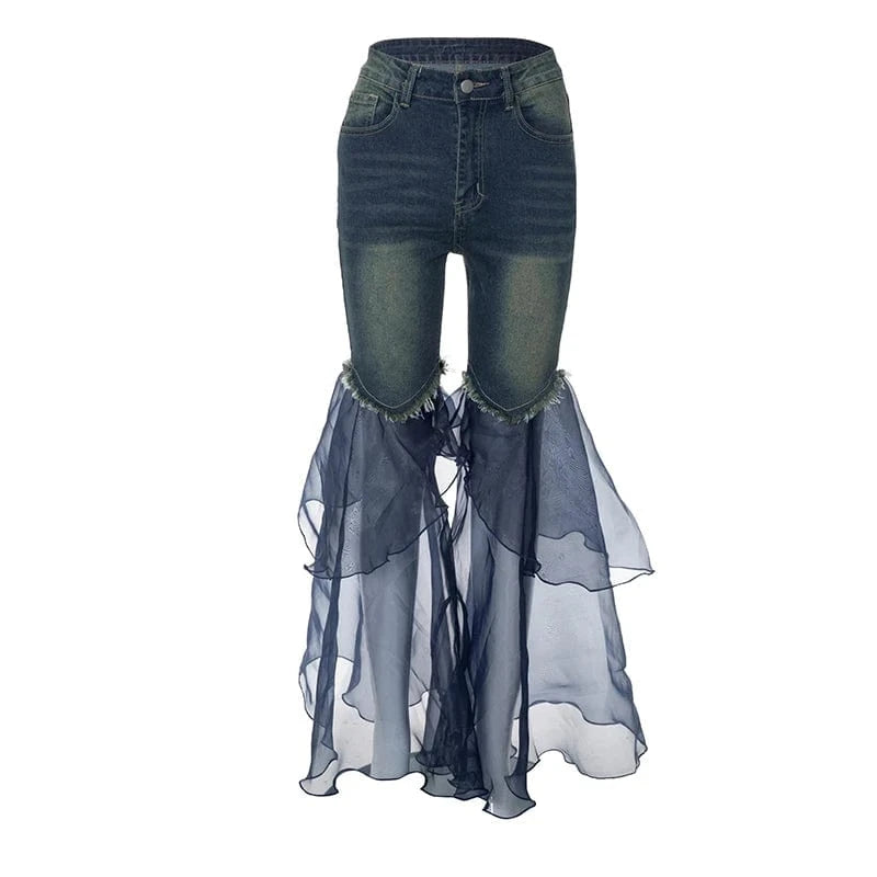 M / M24PT162 Blue Denim Sheer Flare Jeans – Unique Fashion Statement