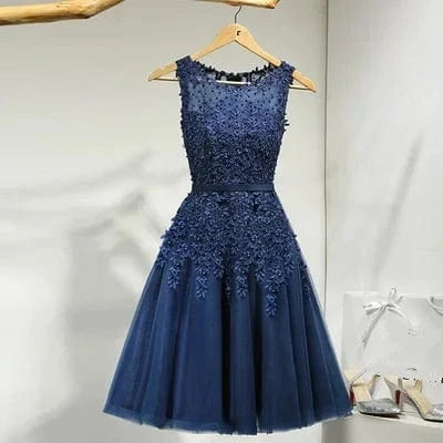 M / NAVY Cocktail Dress Little Appliques Beading Pink Wedding Formal Dresses Flowers Illusion Knee Length Party Gown