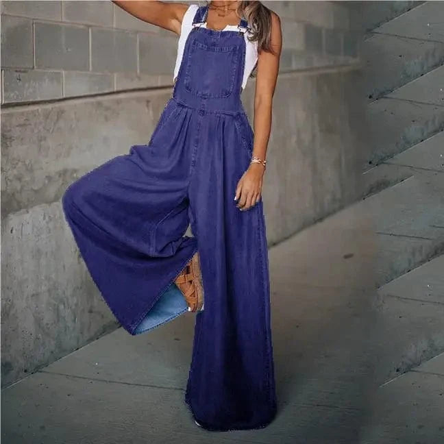 M / Navy Summer New Women's Loose Side Pocket Sleeveless Adjustable Shoulder Strap Denim Suspenders Trousers Jumpsuit Sehe Fashion