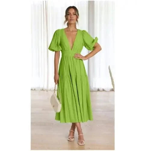 M / neon green Women 2024 Puff Sleeve Deep V Neck Long Dresses Summer For Woman Sexy Green Women's Dress Summer Royal Blue