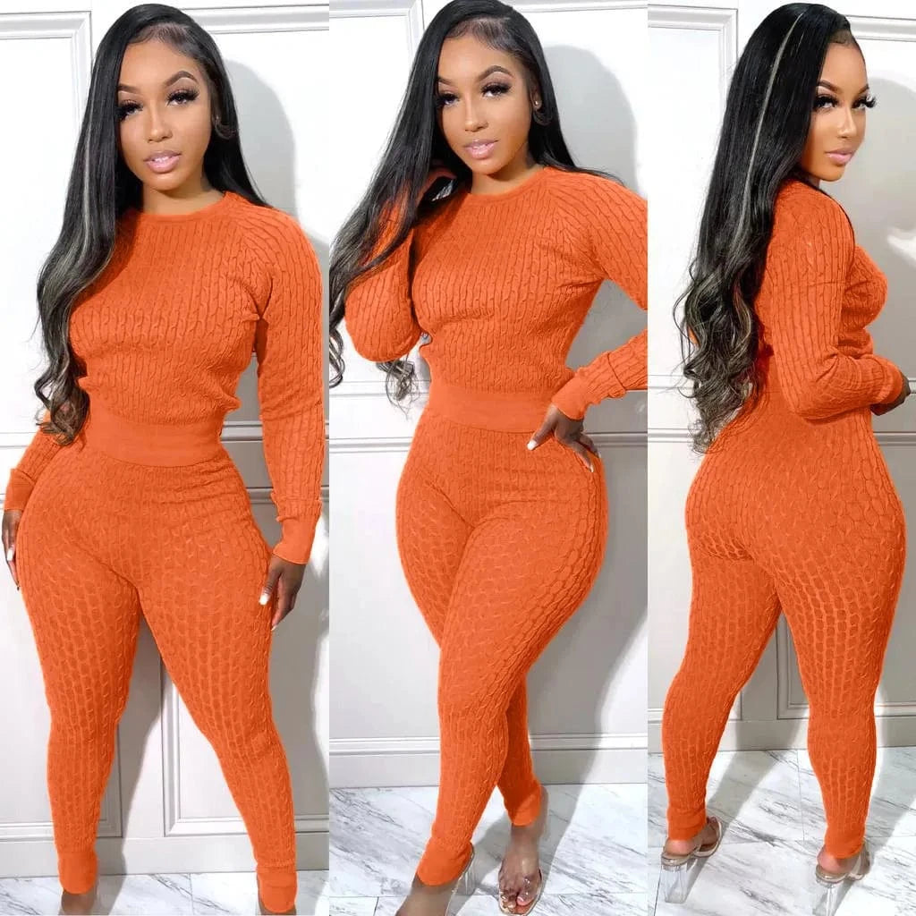 M / Orange custom logo Thick 2 Piece Women knitted sweater two piece pants set 2024 fall winter fashion trending 2 piece sweater set