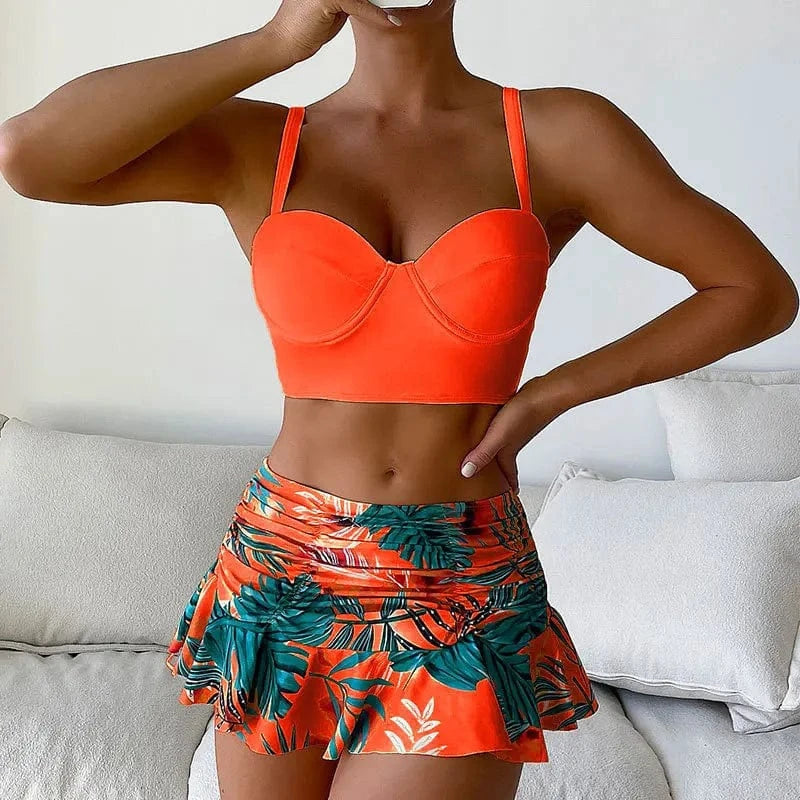 M / Orange DAMOCHIC Two-piece suit Skirt style Swimwear Summer V-Neck Folds Bathing Suit High-Waisted Thin shoulder straps Beachwear 2023