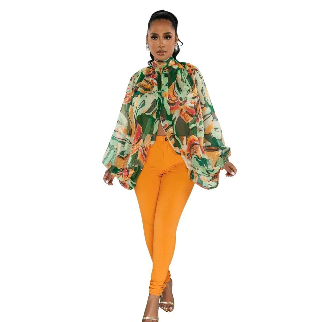 M / orange flowers with green background DAMOCHIC Elegant Print Blouse Shirt Ladies Batwing Sleeve Fall High Neck Lace Up Open Back Tops Female Chiffon Blouse Women 2023
