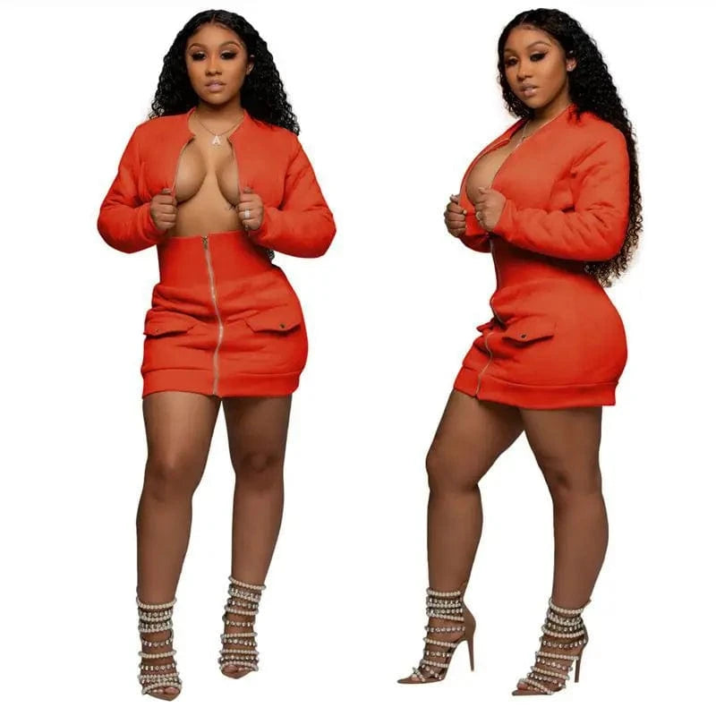 M / Orange Knit 2-piece sexy zipper miniskirt suit jacket short skirt suit winter collocation tight waist short skirt suit women