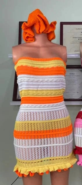 M / Orange  with hats 2024 women clothes set Y2k casual dresses tube Top Dress cute lace knitted Striped sleeveless summer dresses