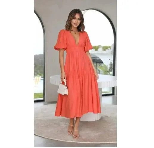 M / Orange Women 2024 Puff Sleeve Deep V Neck Long Dresses Summer For Woman Sexy Green Women's Dress Summer Royal Blue