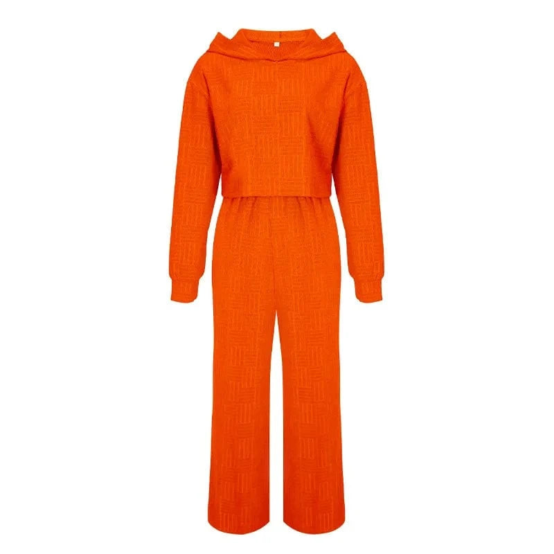 M / Orange Womens Outfits Towel Hooded Sweatshirt Female Sweater Suit Long Sleeve Crop Top High Waist Two Piece Wide Leg Pants Set