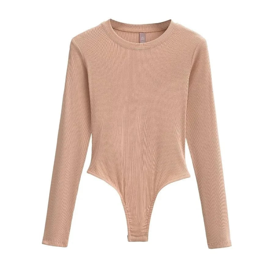 M / Peach Bodysuits for Women Modal elastane Rib Knit Women's O neck long sleeve slim fitting basics romper bodysuit