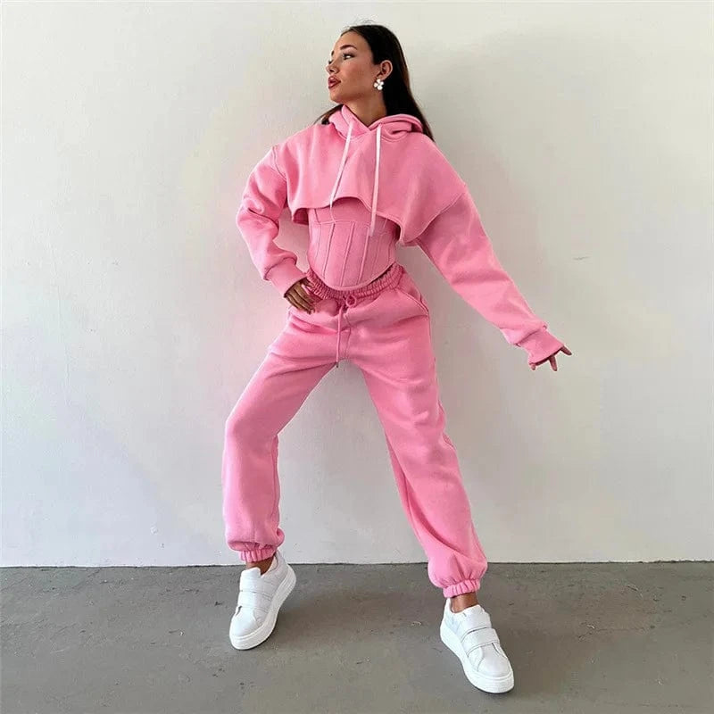 M / Pink 2024 Fall Winter Casual Women's Sets Long Sleeve Hoodie Jogger Wear Outfits 3 Piece Set Women