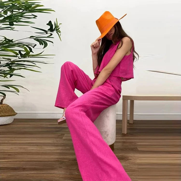 M / Pink 2024 Summer Women Solid Color Sleeveless Vest Top Wide Leg Pants 2 Piece Set Women Two Piece Outfits Suits
