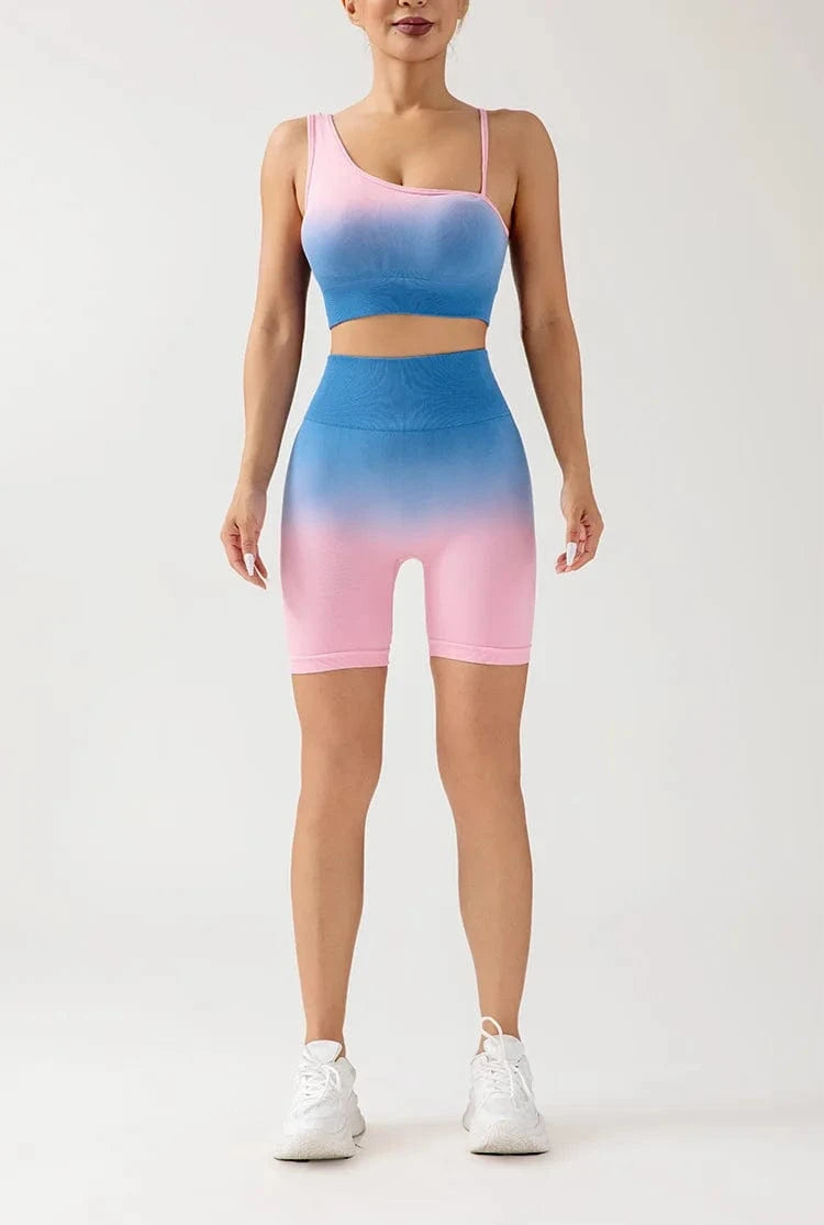 M / Pink blue 2024 2 Pcs Seamless Gradient Yoga Suit Workout Sports Bra + High Waist Shorts Gym Sport Set Fashion Shorts Sets Female