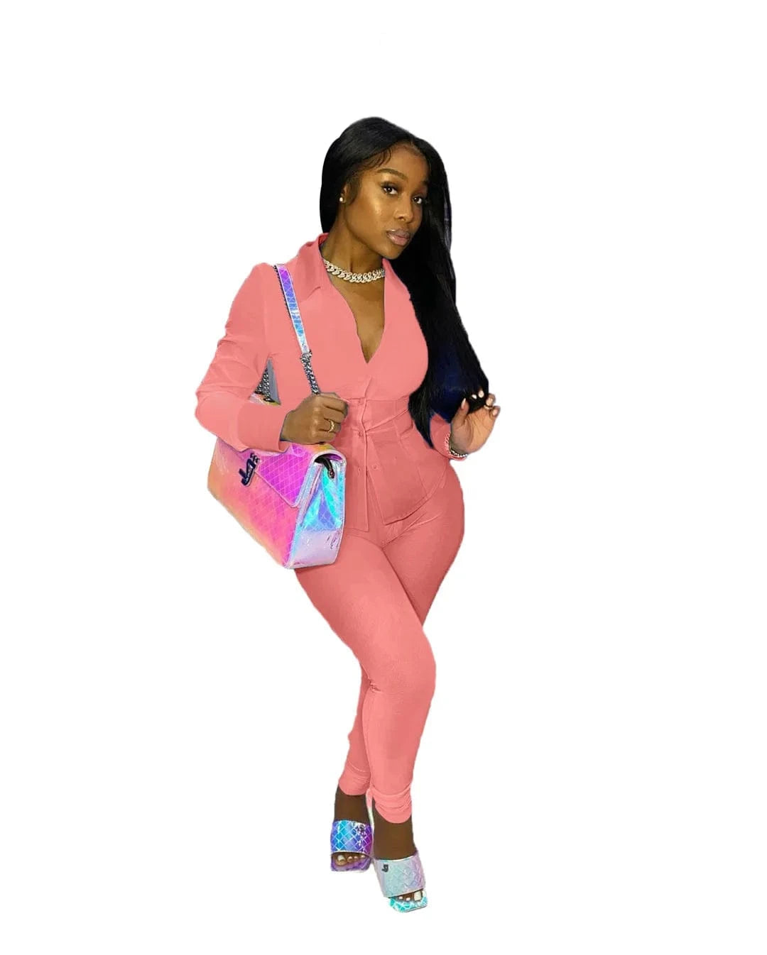 M / Pink Casual Solid Turndown Blouses & Shirts Top Ladies Outfits Two Piece Pant Set Women Clothes