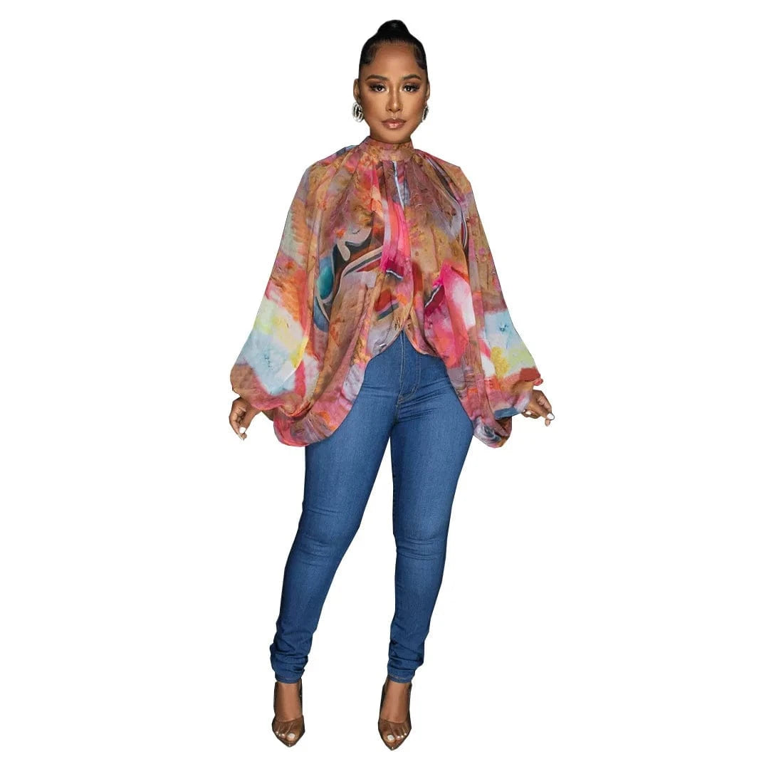 M / Pink DAMOCHIC Elegant Print Blouse Shirt Ladies Batwing Sleeve Fall High Neck Lace Up Open Back Tops Female Chiffon Blouse Women 2023