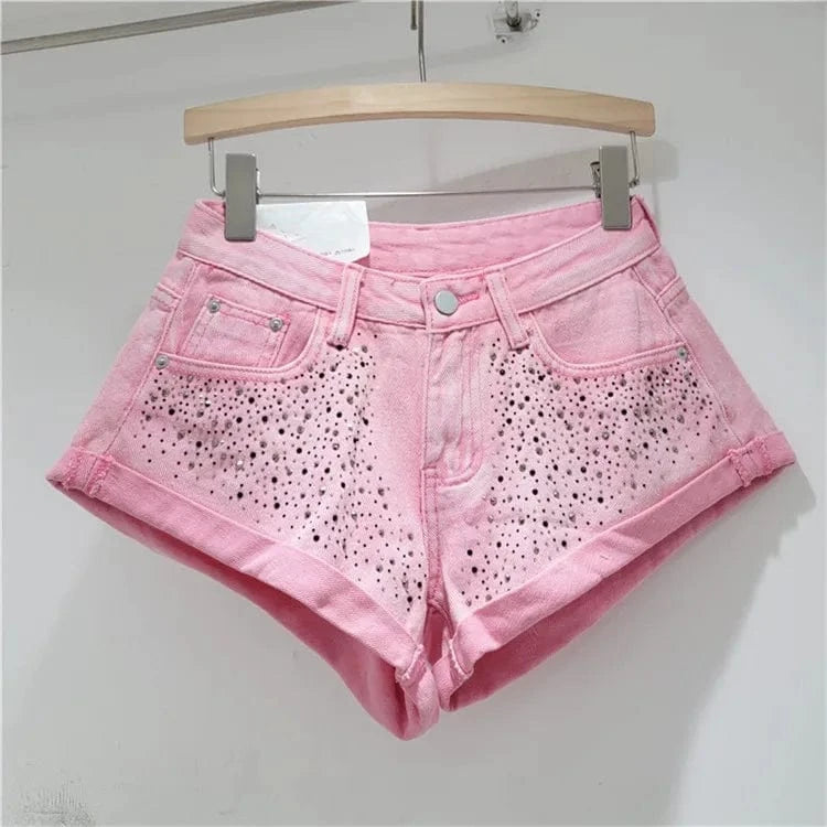M / Pink Fashion Retro Rhinestone Denim Shorts Women 2024 Summer New A- Line Wide Leg Short Pants Ultra Short Booty Shorts for Hot Girls