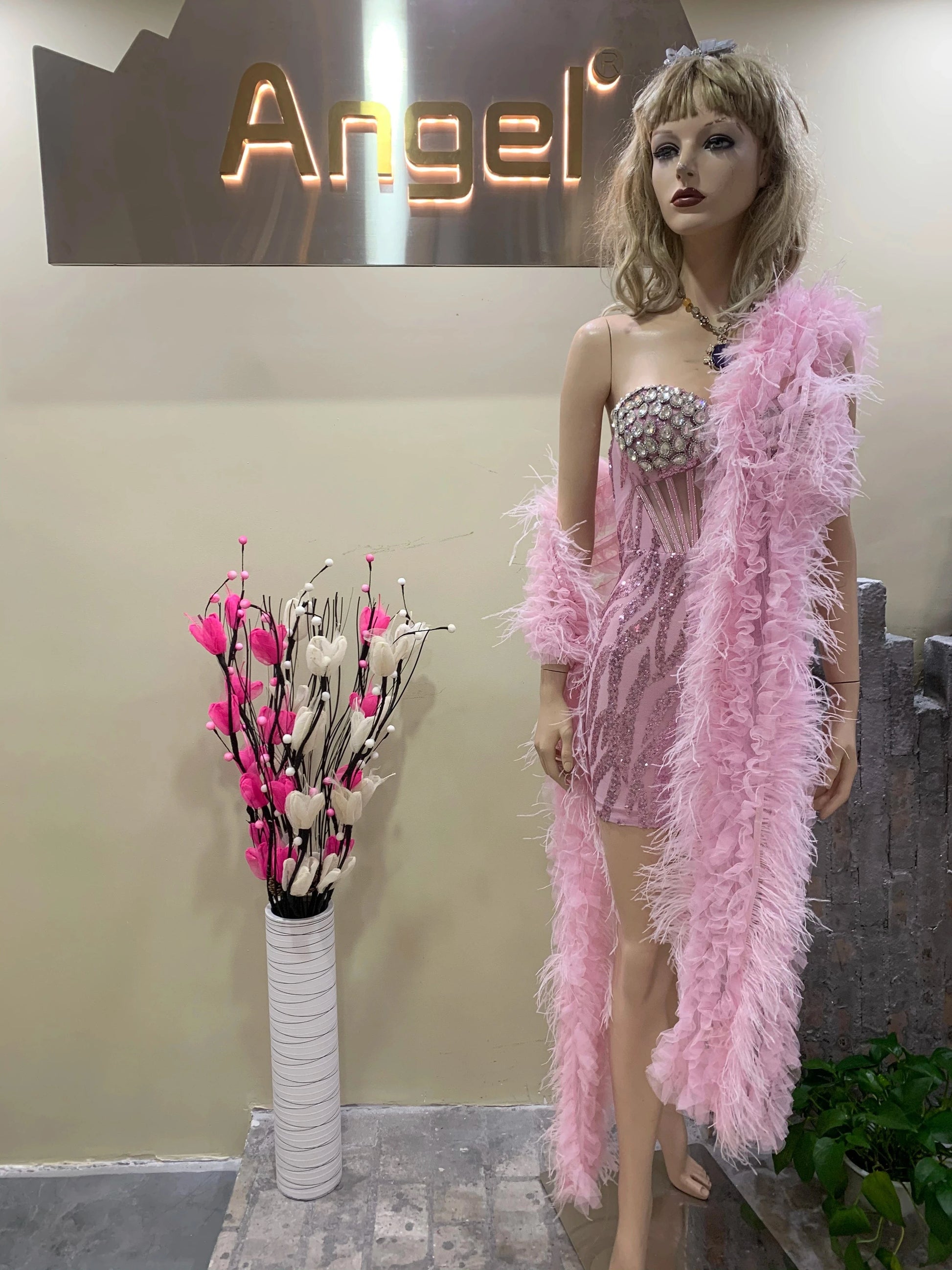 M / Pink High-end women's Pink Beaded Diamonds Mini Dress With Feathers Shawl Sexy Party Evening Dresses