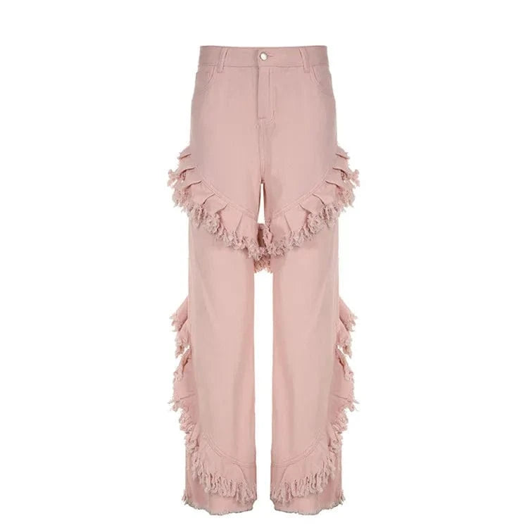 M / Pink High Waist Fringe Ruffle Wide Leg Pants