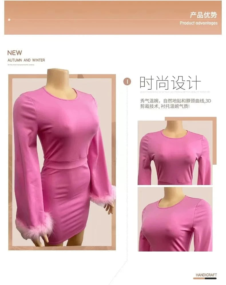 M / Pink J&H 2024 New Arrivals Round Neck Feather Long Sleeve Chiffon Shirt Elegant Mid Length Skirt Two Piece Women Set