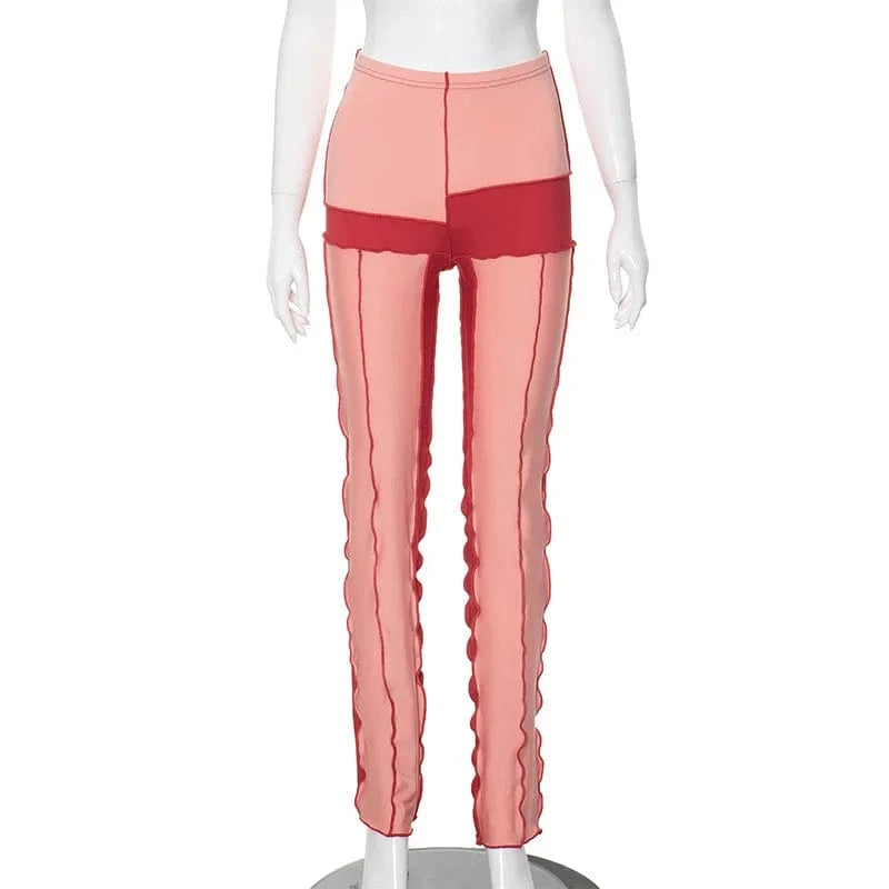 M / Pink K23pt603 New Fashion 2024 Spring Patchwork High Waist Pant Bodycon Casual Bump Color Streetwear Trouser For Women Lady
