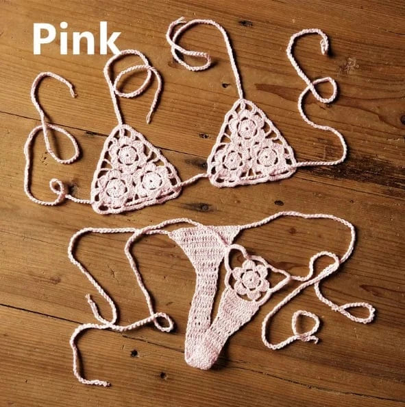M / Pink Liu Ming High Quality 2024 New Fashion Women Sexy Handmade Crochet Bikini G Thong String Beach Micro Swimwear Sets