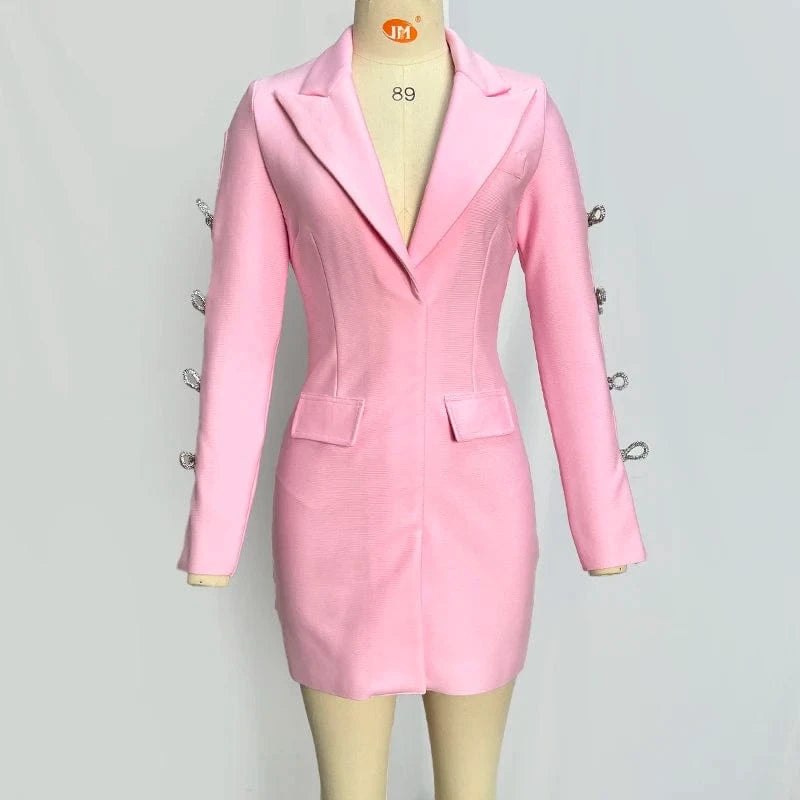 M / Pink New Arrival Elegant Women's Blazers Dress Long Sleeve Rhinestone Hollow-out Lady Suit