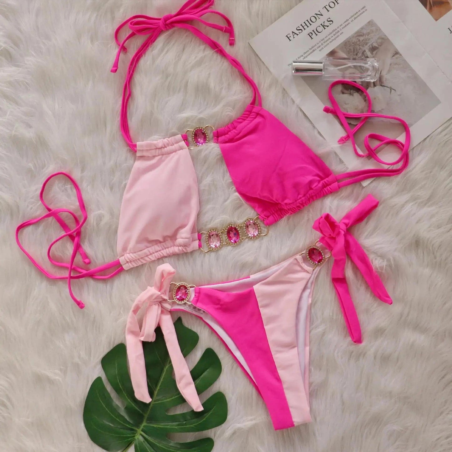 M / Pink New arrivals 2024 summer diamond two piece swimwear beachwear beachwear woman bikini