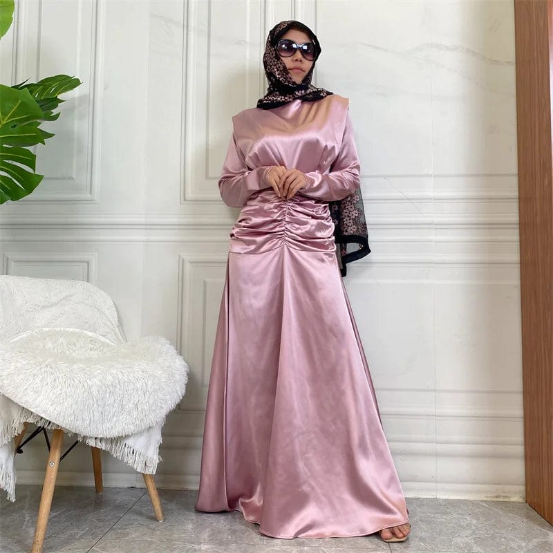 M / Pink October new fashion satin long dress advanced pleated waist style slim sleeve women party maxi dresses