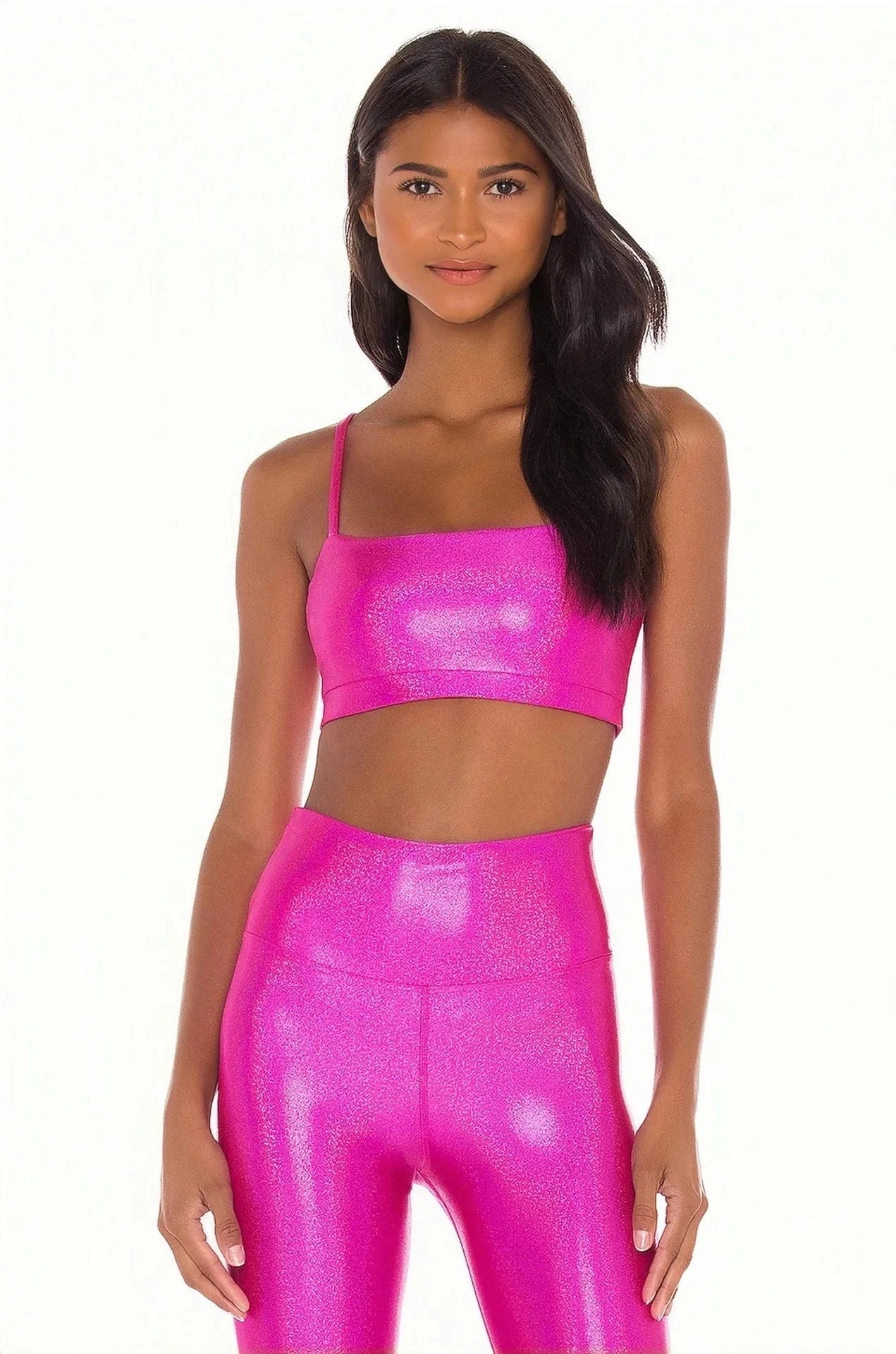 M / pink shiny pink metallic foil print ladies woman fitness workout gym yoga sports bra set for women high waist leggings set activewear