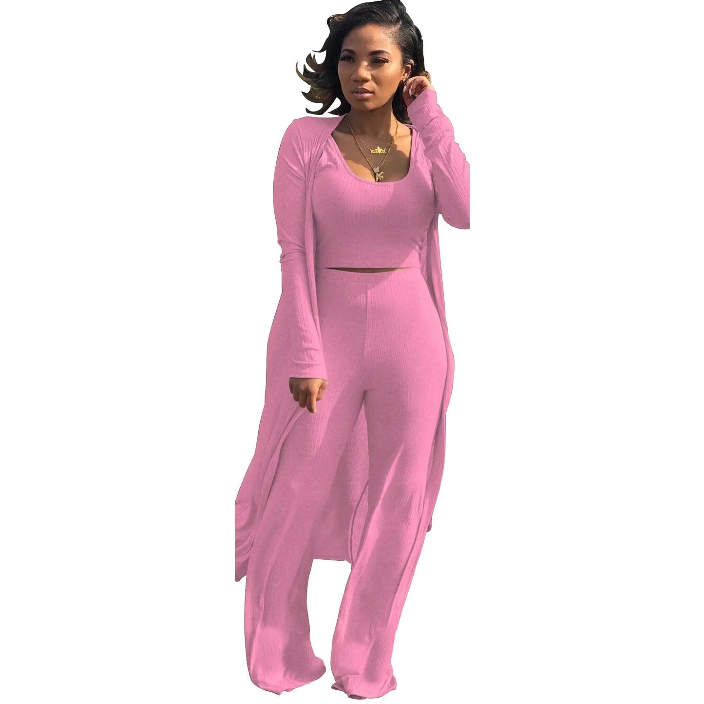 M / Pink Wholesale Women 3 Piece Set Knit Sexy Long Sleeve Cardigan High Elastic Cloak Long Pants Crop Top Vest Night Club Casual  Suits