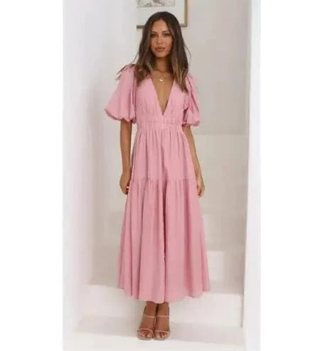 M / Pink Women 2024 Puff Sleeve Deep V Neck Long Dresses Summer For Woman Sexy Green Women's Dress Summer Royal Blue