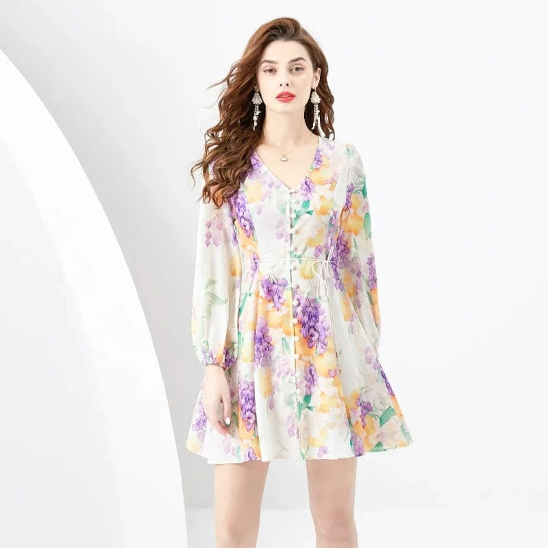 M / Purple 2024 Spring/Summer Vacation Style Retro V-neck Single breasted Printed Wide Swing Short Mini Dress KL6262073
