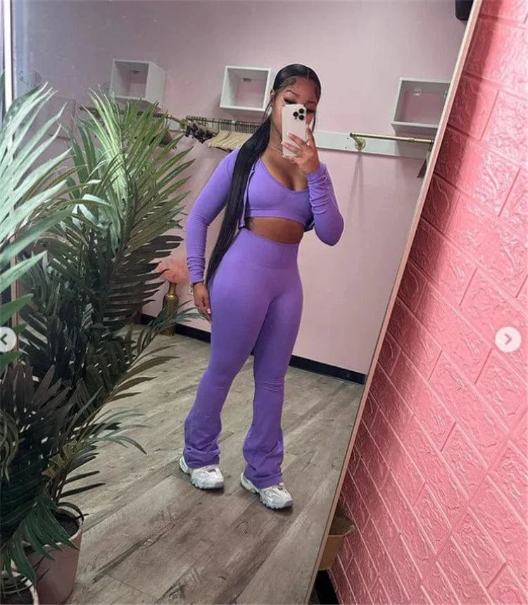 M / Purple-3 piece set 3 Pieces Fitness Yoga Set Women Solid Color Stretch Athletic Suit Sexy Bra Zipper Jacket High Waist Leggings Female Sportswear