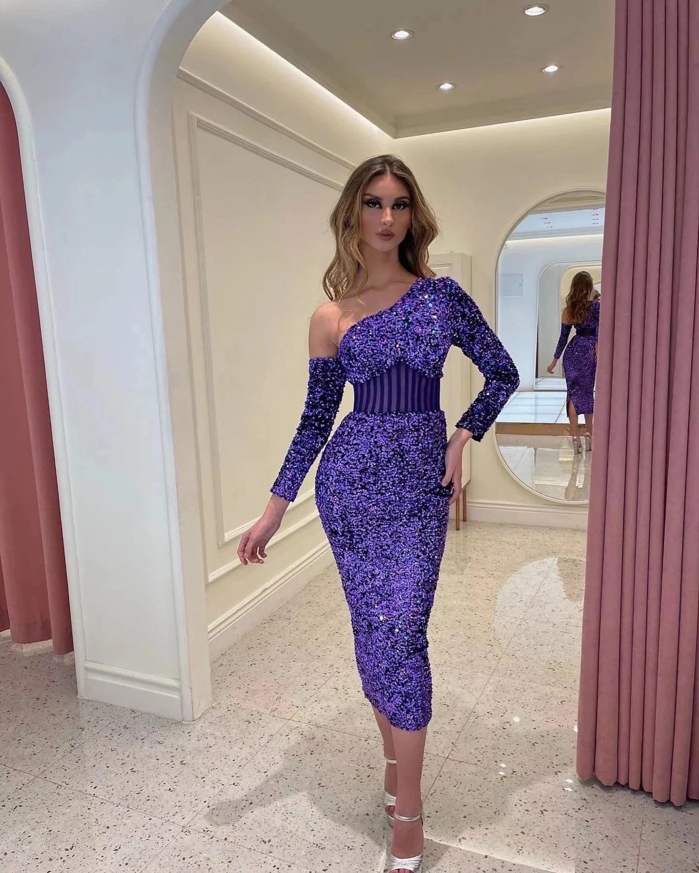 M / Purple ED2157 Celebrity Night Club Wear Inclined Shoulder Long Sleeve Women Shinny Sexy Dress Party Evening Sequined