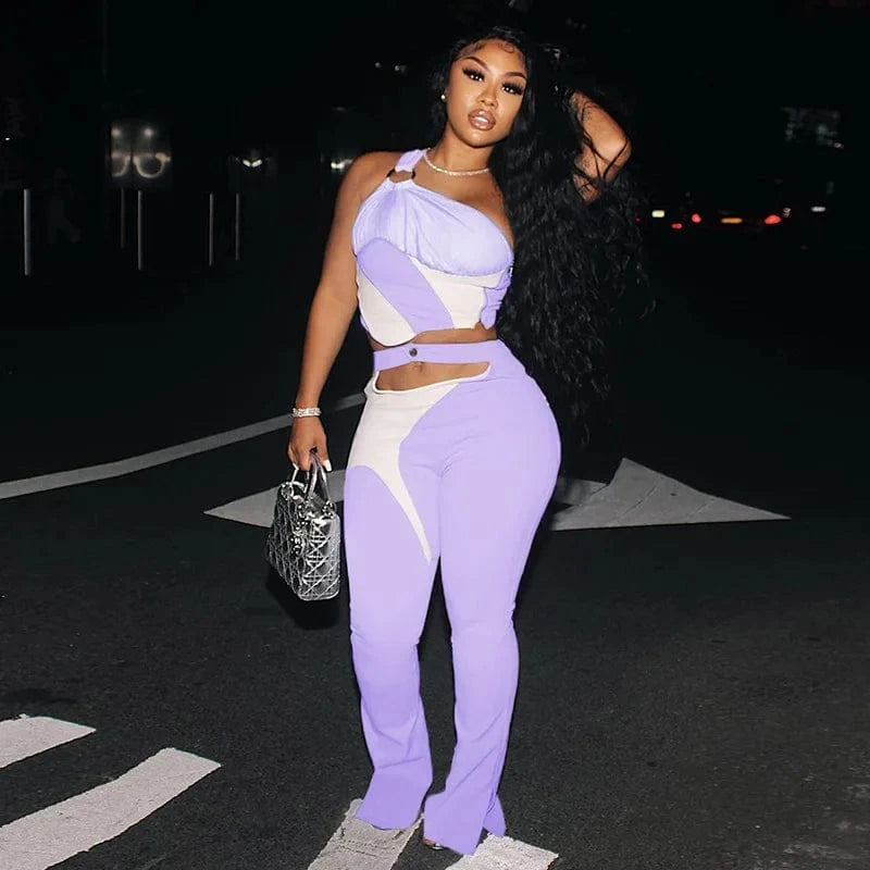 M / Purple Ladies Top and Pants Set Patchwork Mujer Top 2 Piece Women Set Hollow out Navel Two Piece Pants Fall 2022 Women Clothes