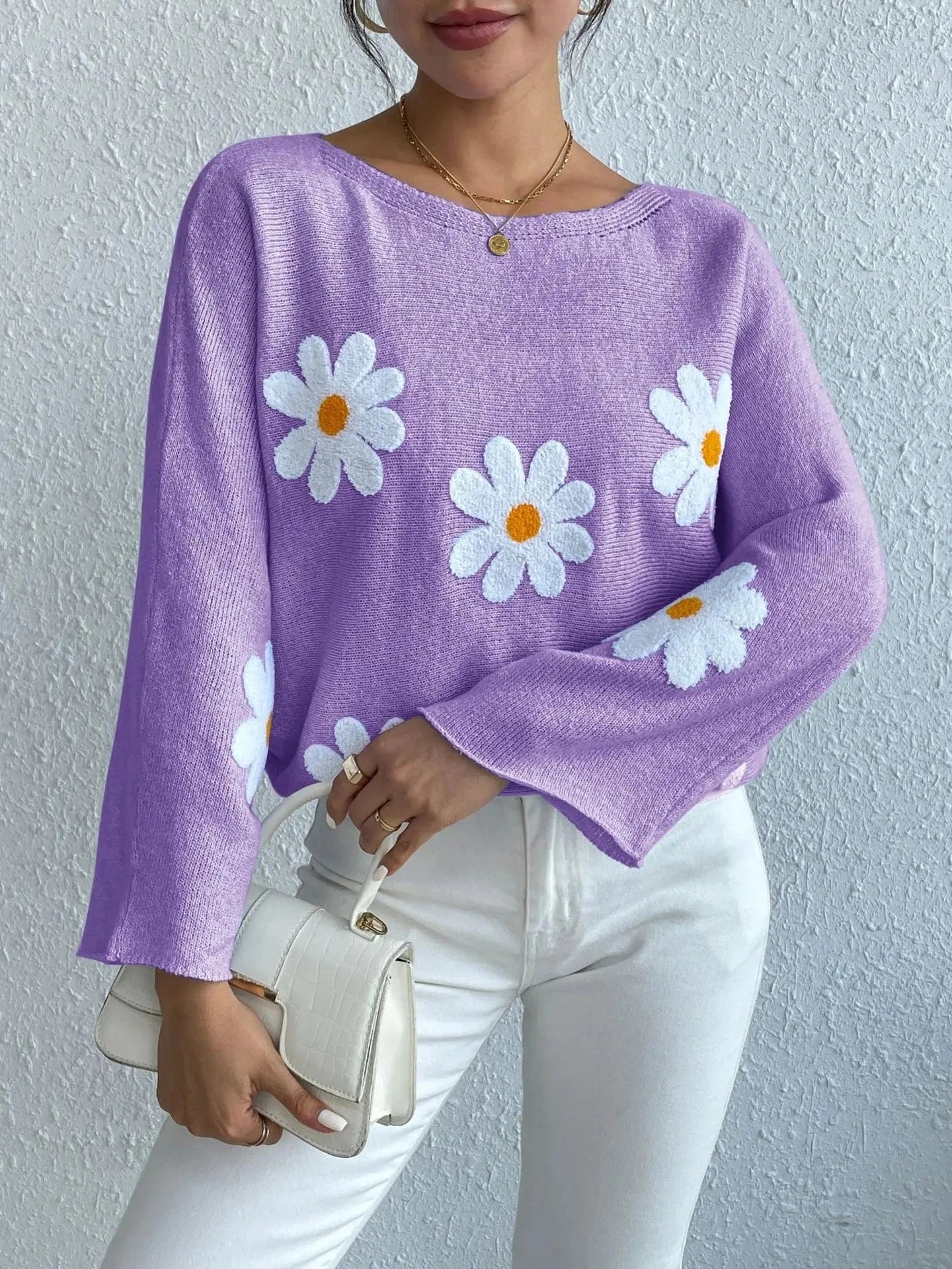M / Purple / Polyester Women'S Fashion Casual Loose  Sleeve Knitwear Top Sweater Clothes Women Sweet flower loose knit top 2024 New Jersey Mujer