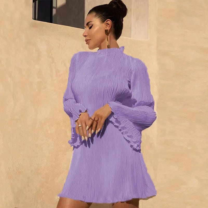 M / Purple Spring Autumn 2024 New Trendy Apparel Plisse Long Flared Sleeve Sexy Ruffled Pleated Casual Women Dress