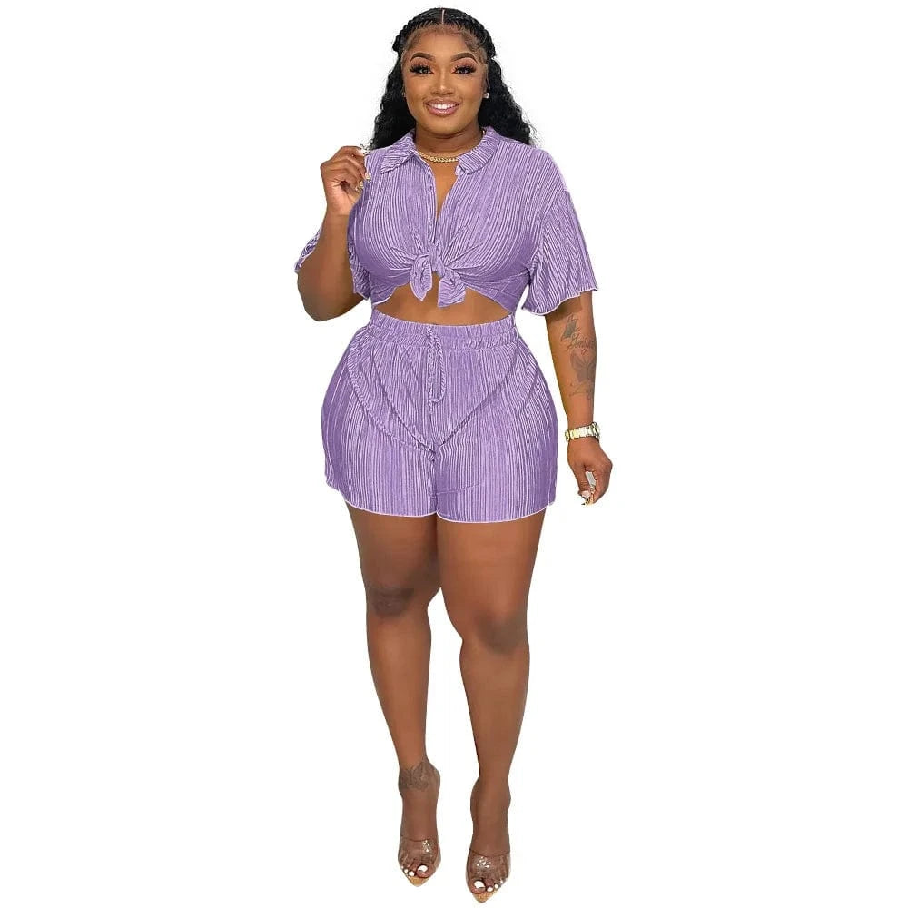 M / Purple Z140353 2024 spring summer black womens t-shirt and shorts sets Casual Wrinkle 2 piece short shirt set with button