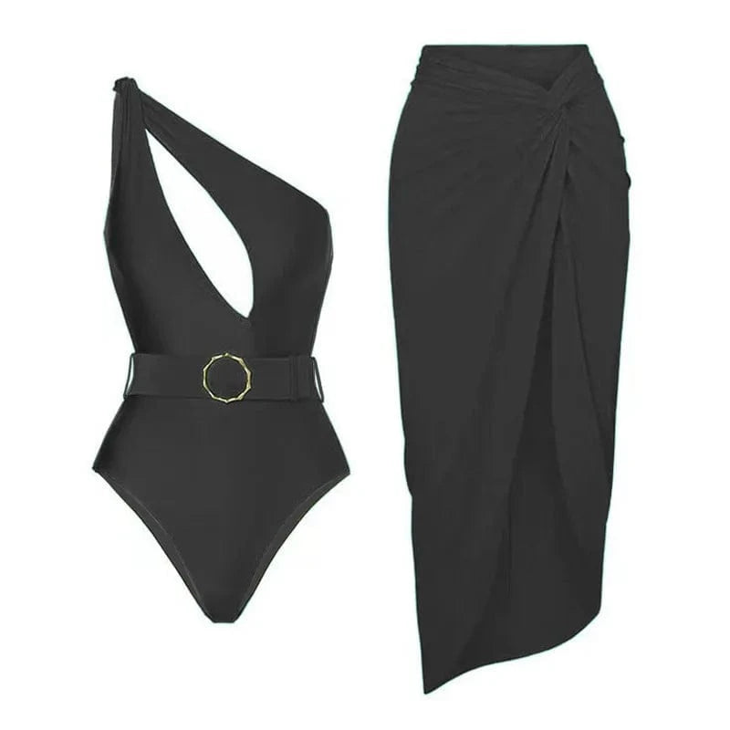 M / QJY185Y2 2024 New Solid One Pieces Swimsuit with Skirt One Shoulder Bathing Suit Cut Out with Belt Vintage Como Set High Leg Swimwear
