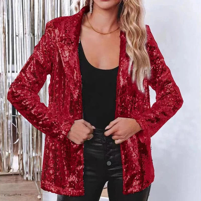 M / Red 2024 Best-Selling Women Autumn and Spring Commuter Style Cardigan Collar Long Sleeved Sequined Casual Suit Jacket