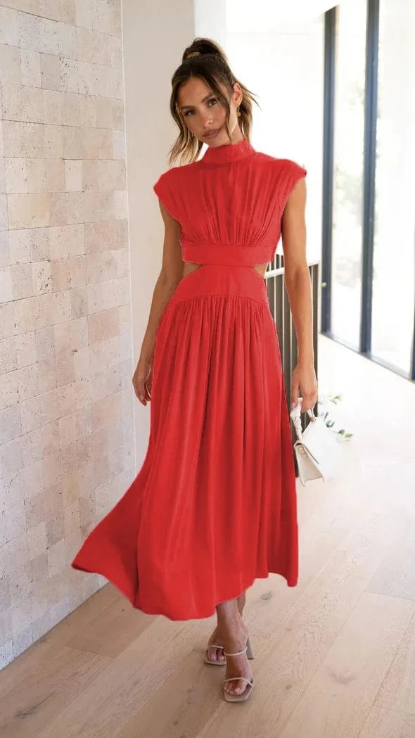 M / red 2024 Girls Summer  Hot Sale New Casual  Solid Color Sweet Fashion Street Summer Stand-up Collar Macaron Color  Long Dress