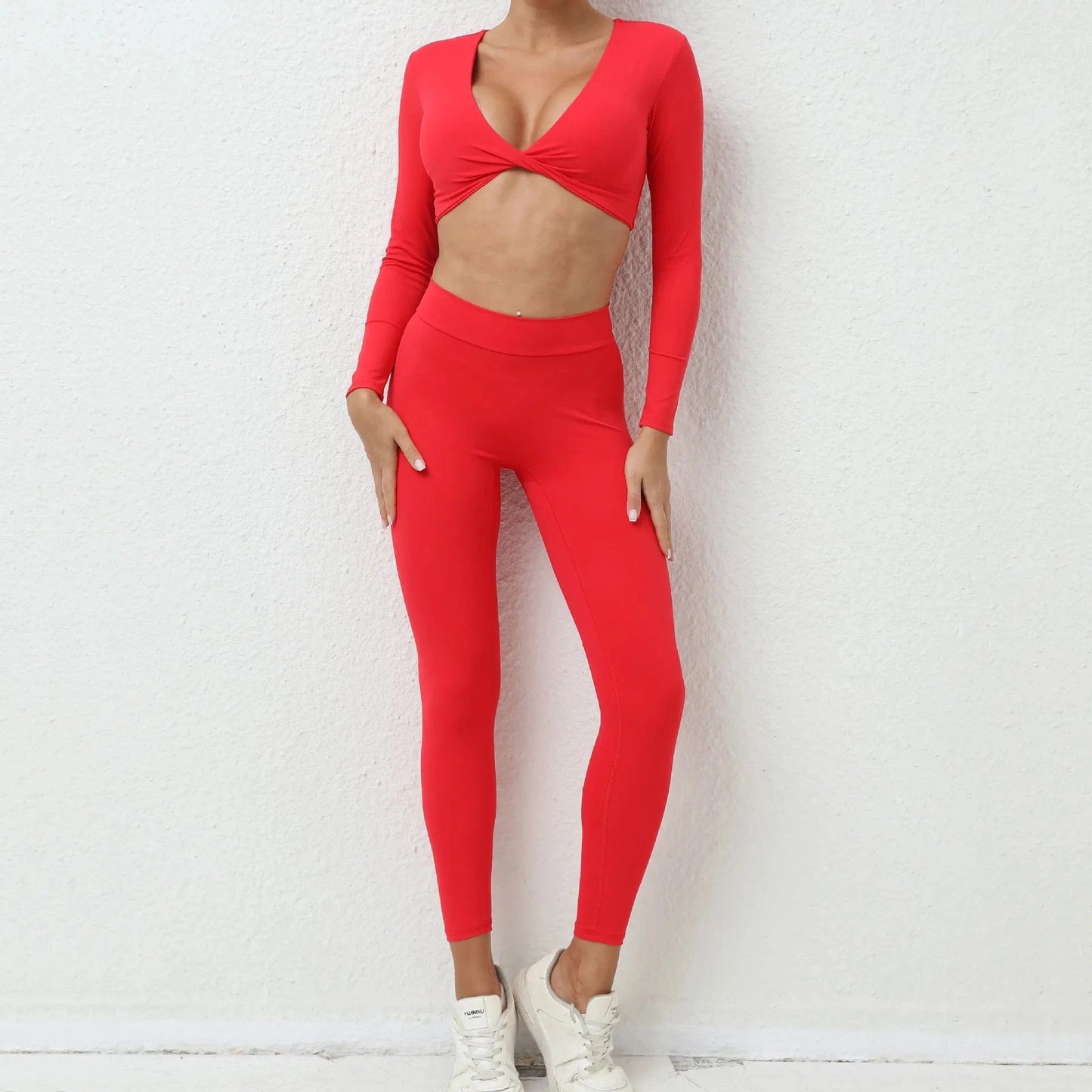 M / Red 2024 spring trendy usa quick dry gym fitness sets yoga v neck crop top two piece pants set