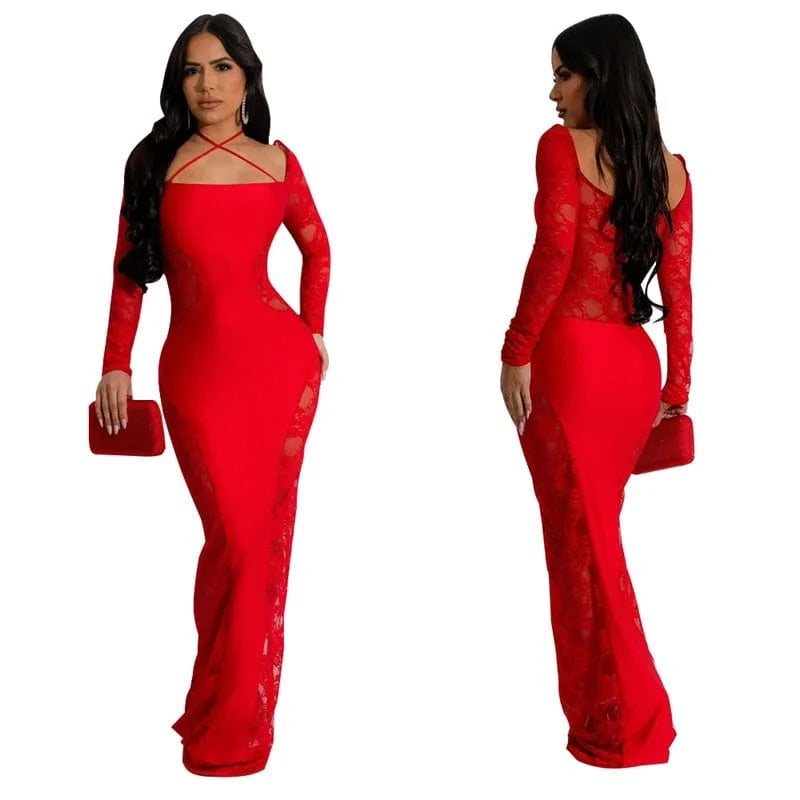 M / Red cheap 2024 new arrivals women lady red sexy mesh side patchwork decent elegant wedding party maxi long sleeve gown evening dress