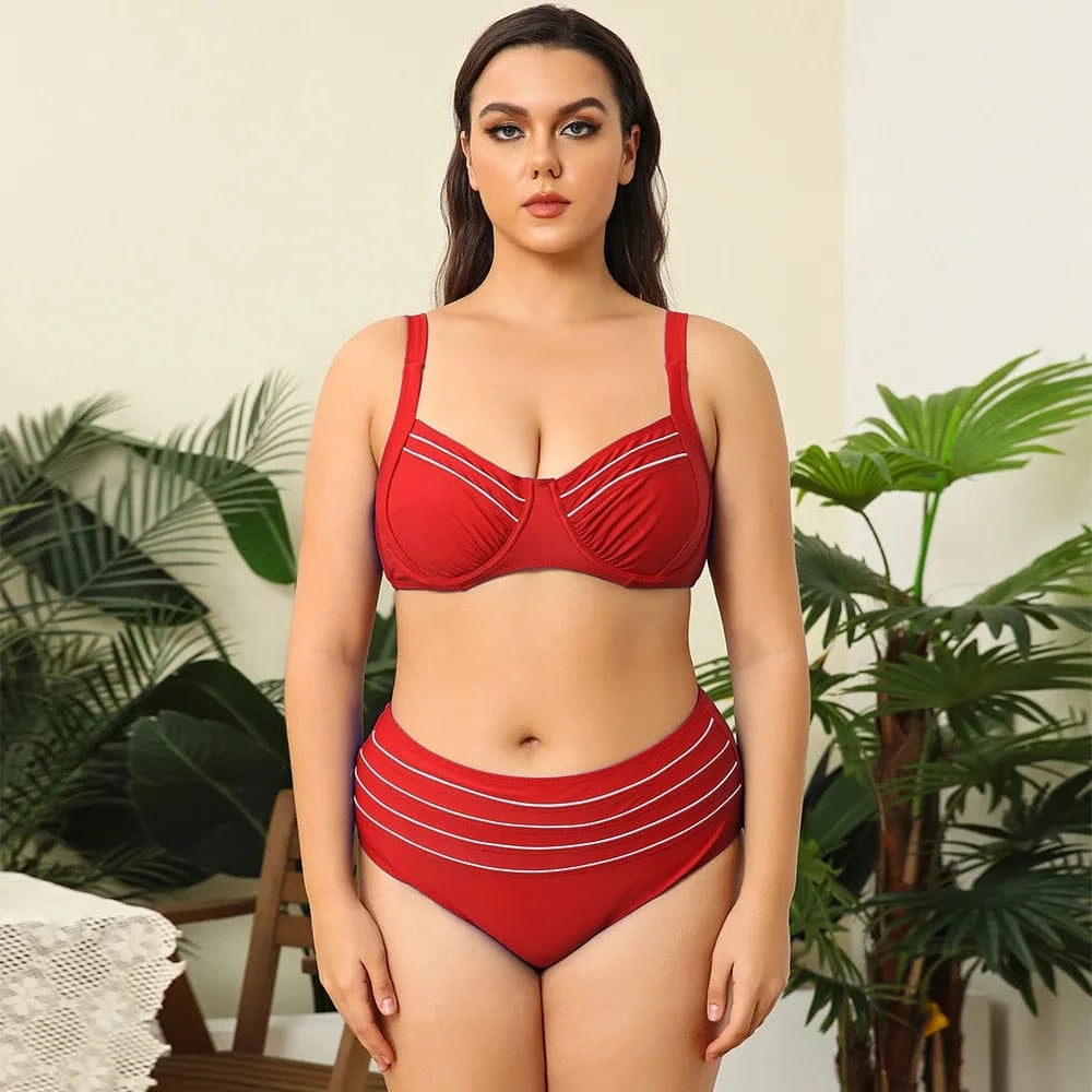 M / Red DAMOCHIC Wholesale Price Plus Size Swimwear Designer Custom Bathing Suits for Women Luxury Big Large Fat High Waist Bikini 2023