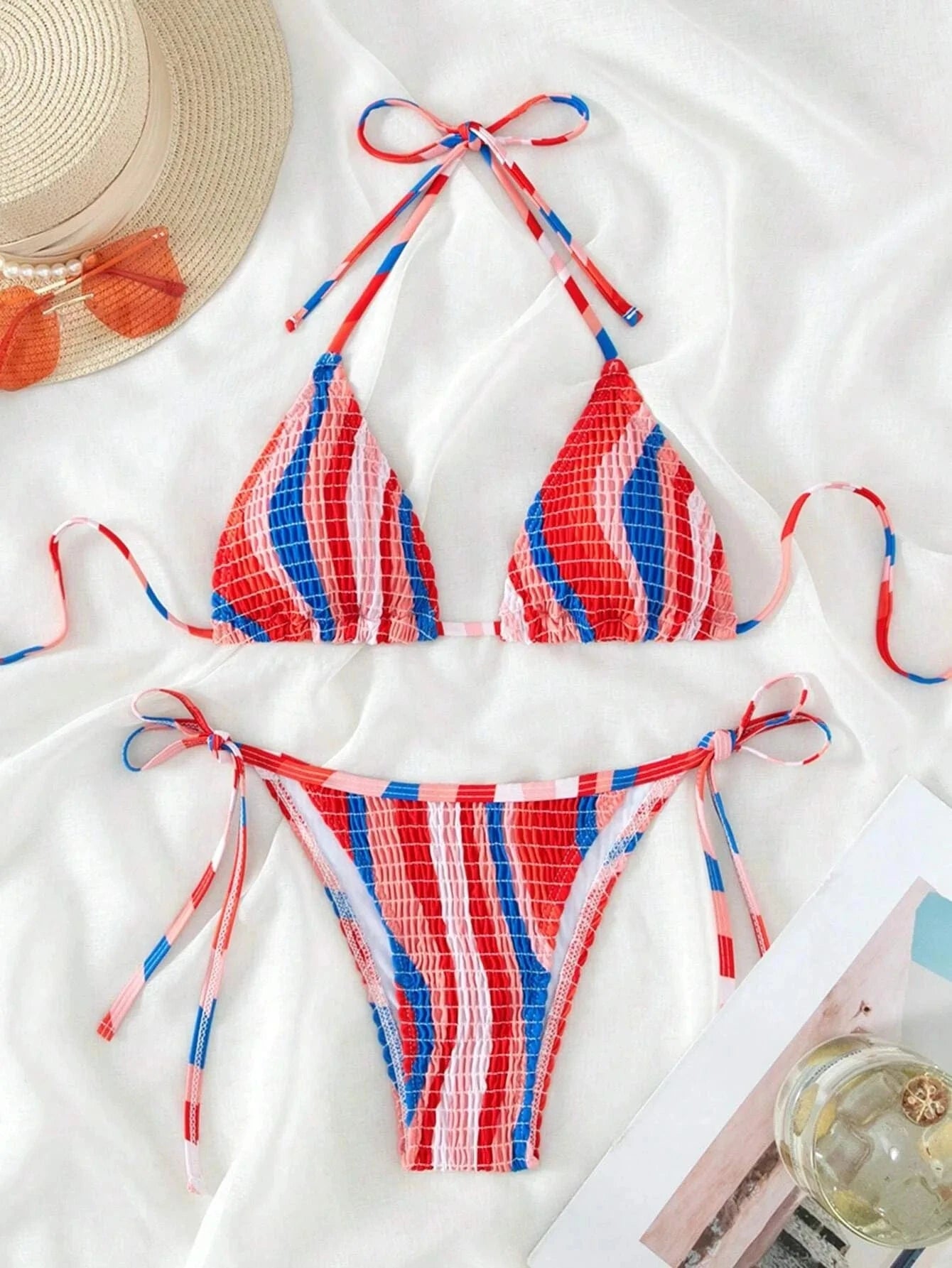 M / Red Hot sale high quality three-point beach bikinis wholesale chroma wrinkle bandage swimsuits custom styles swimwear