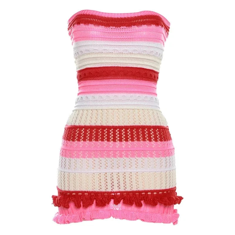 M / Red Knit Women Tube Dress Elegant Summer Patchwork Striped Ruffles Hem Skinny Stretch Bodycon Clubwear Sexy Night Club Short Dress