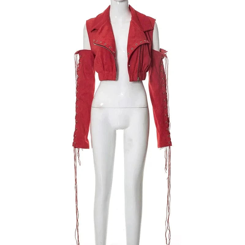 M / Red Ladies Fall Jackets 2022 Women Eyelet Strap Coats Winter Streetwear Jacket Solid Lace up Jacket with Cotton