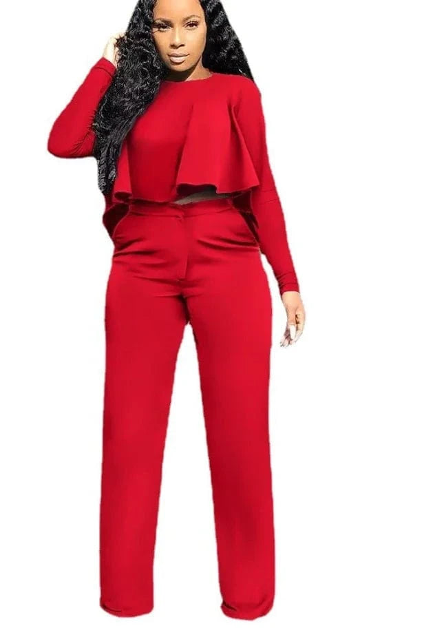 M / Red Liu Ming Popular Women Casual Custom Printed Long Sleeve O Neck Two Piece Tops Wide Leg Long Pants Set