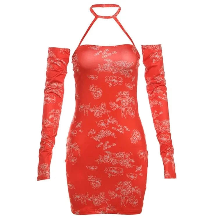 M / Red Retro Red Floral Print Dresses for Women Spring 2024 Off Shoulder Long Sleeve Mini Dress Sexy Club Outfits