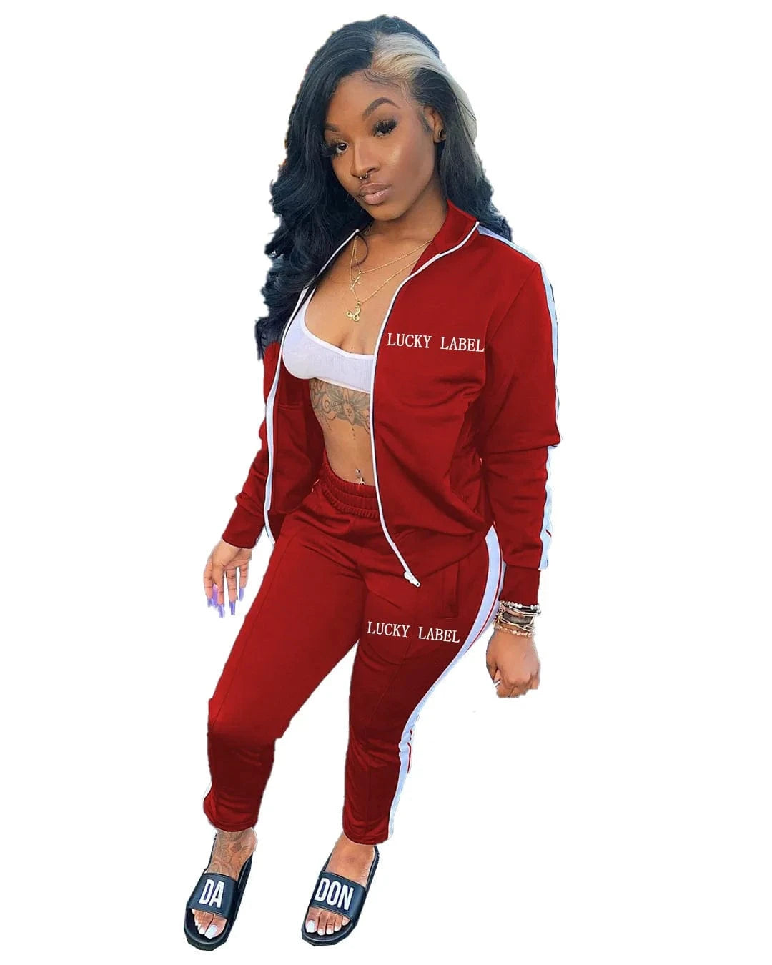 M / Red Wholesale womens tracksuit 2 piece pants set long sleeve lucky label two piece set women clothing 2024