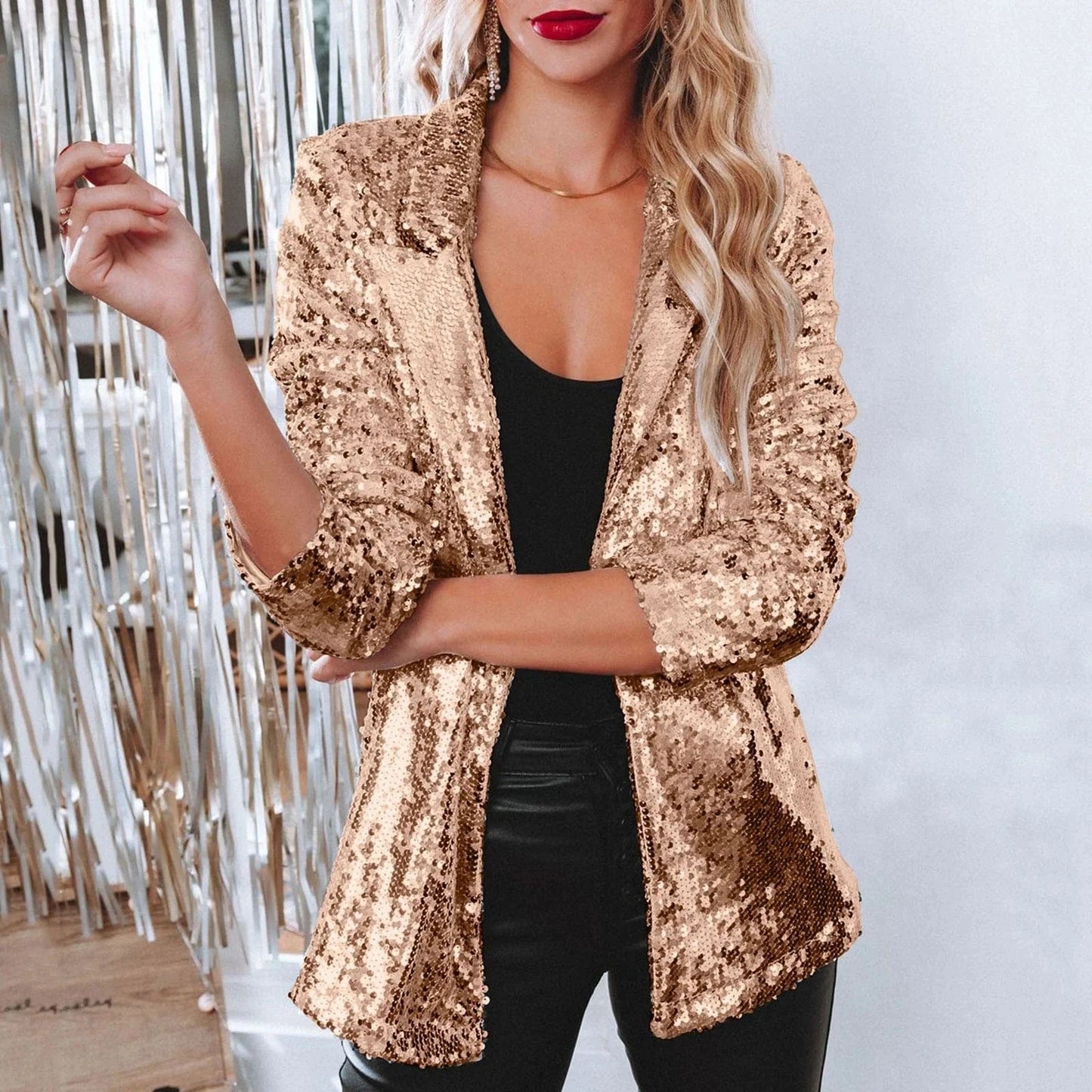 M / Rose Glden 2024 Best-Selling Women Autumn and Spring Commuter Style Cardigan Collar Long Sleeved Sequined Casual Suit Jacket