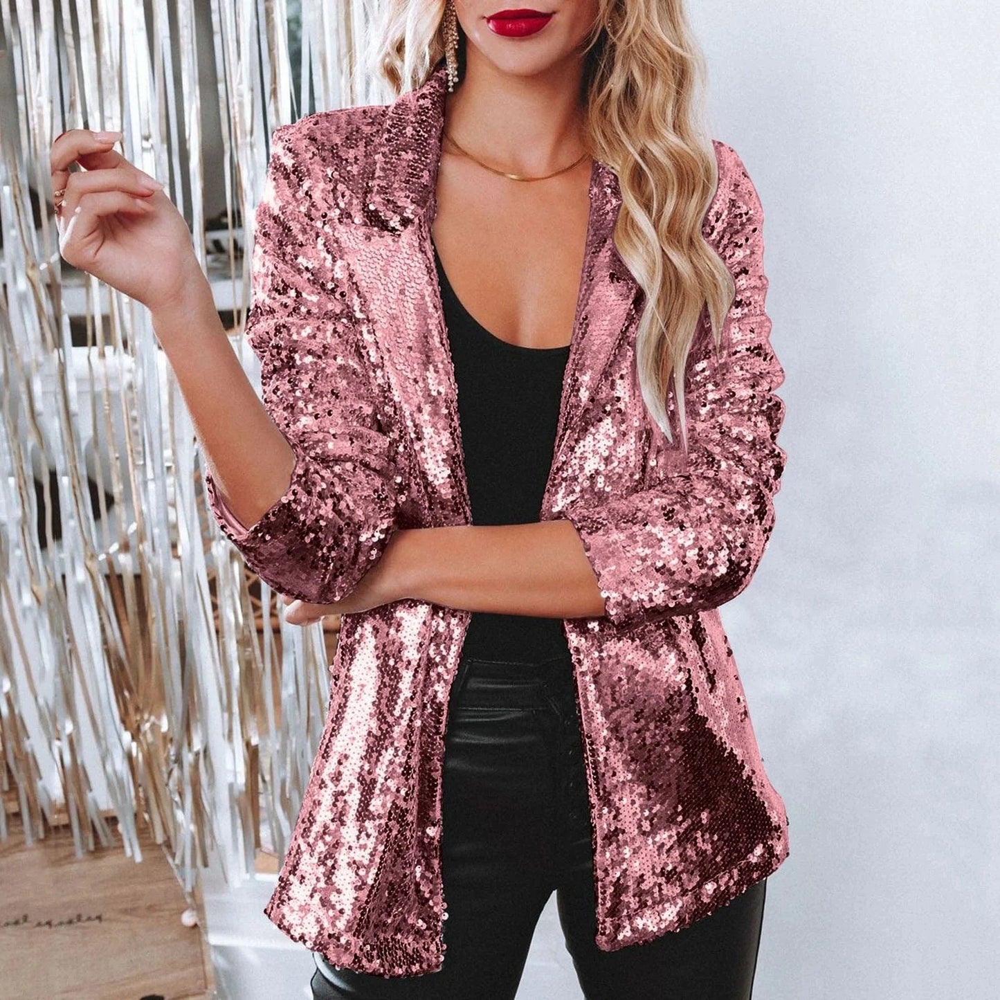 M / Rose Red 2024 Best-Selling Women Autumn and Spring Commuter Style Cardigan Collar Long Sleeved Sequined Casual Suit Jacket